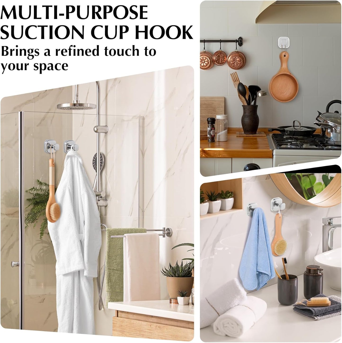 Suction Cup Hooks for Shower - Reusable No-Drill Mounting - Hooks for Towels, Robes & Loofah on Metal, Glass, Mirrors, Tile & Smooth Non-Porous Surfaces (2, Chrome Polished)