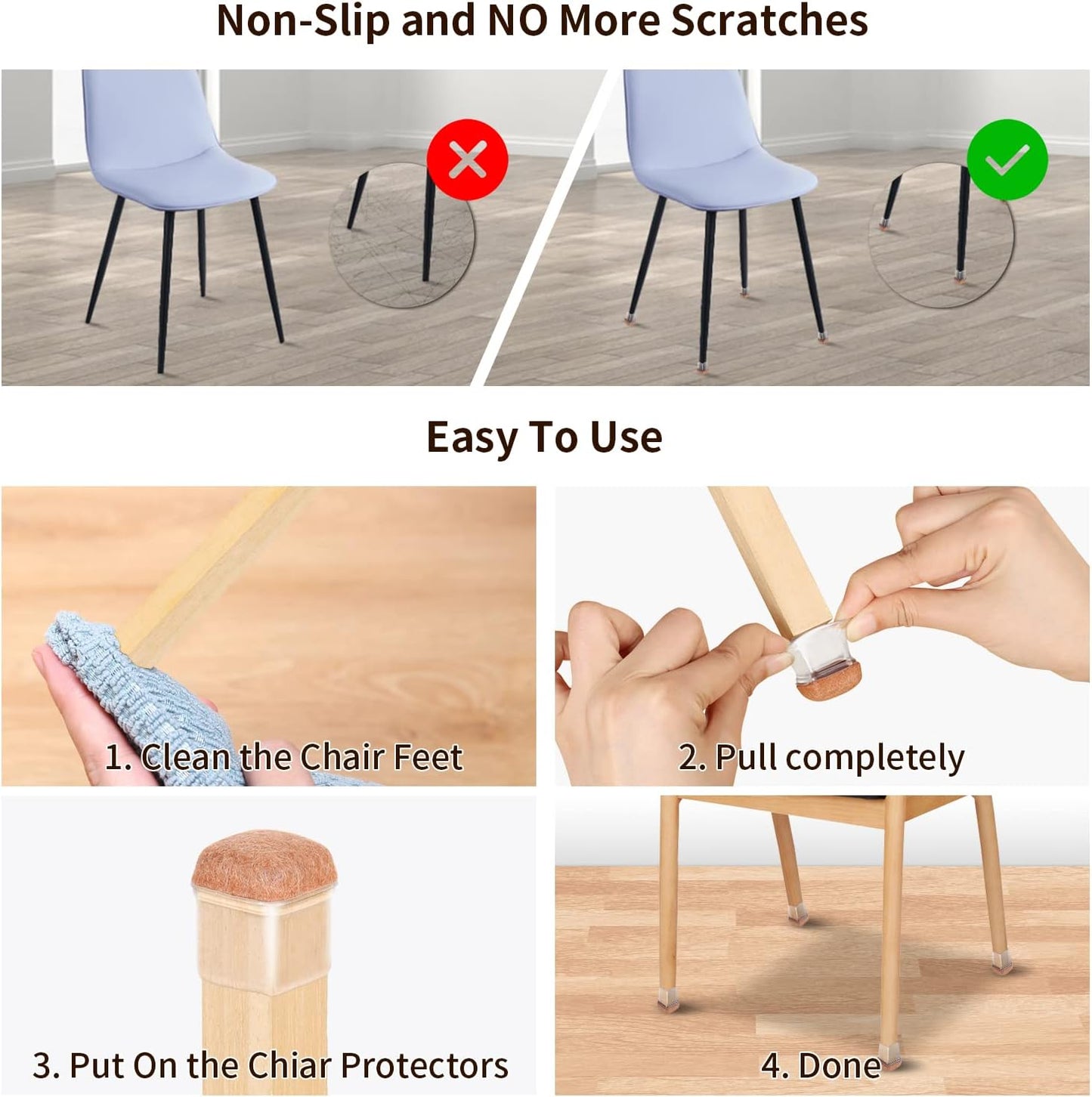 Ezprotekt 24 Pcs Small Clear Square Chair Leg Floor Protectors for Hardwood Floors, Silicone Felt Furniture Pads, Table Chair Leg Cups Covers, Bar Stool Leg Protectors Caps (S Fit: 3/5" to 7/10")