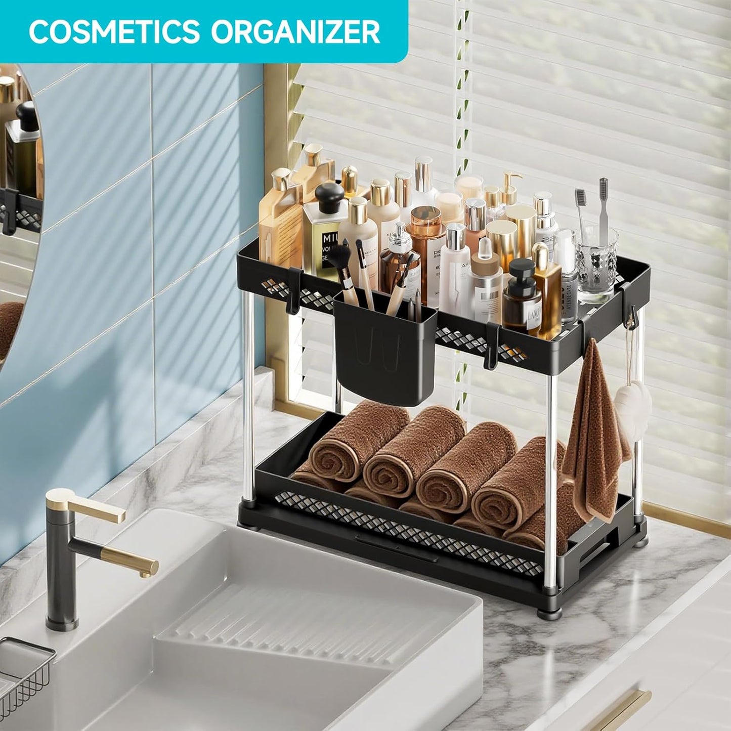 Under Sink Organizer, 2 Tier Pull Out Cabinet Organizer with Hooks Hanging Cup, Easy Installation & Rust-resistant, Multi-Purpose Storage Shelf for Kitchen Bathroom Pantry (Black, 2 Pack)