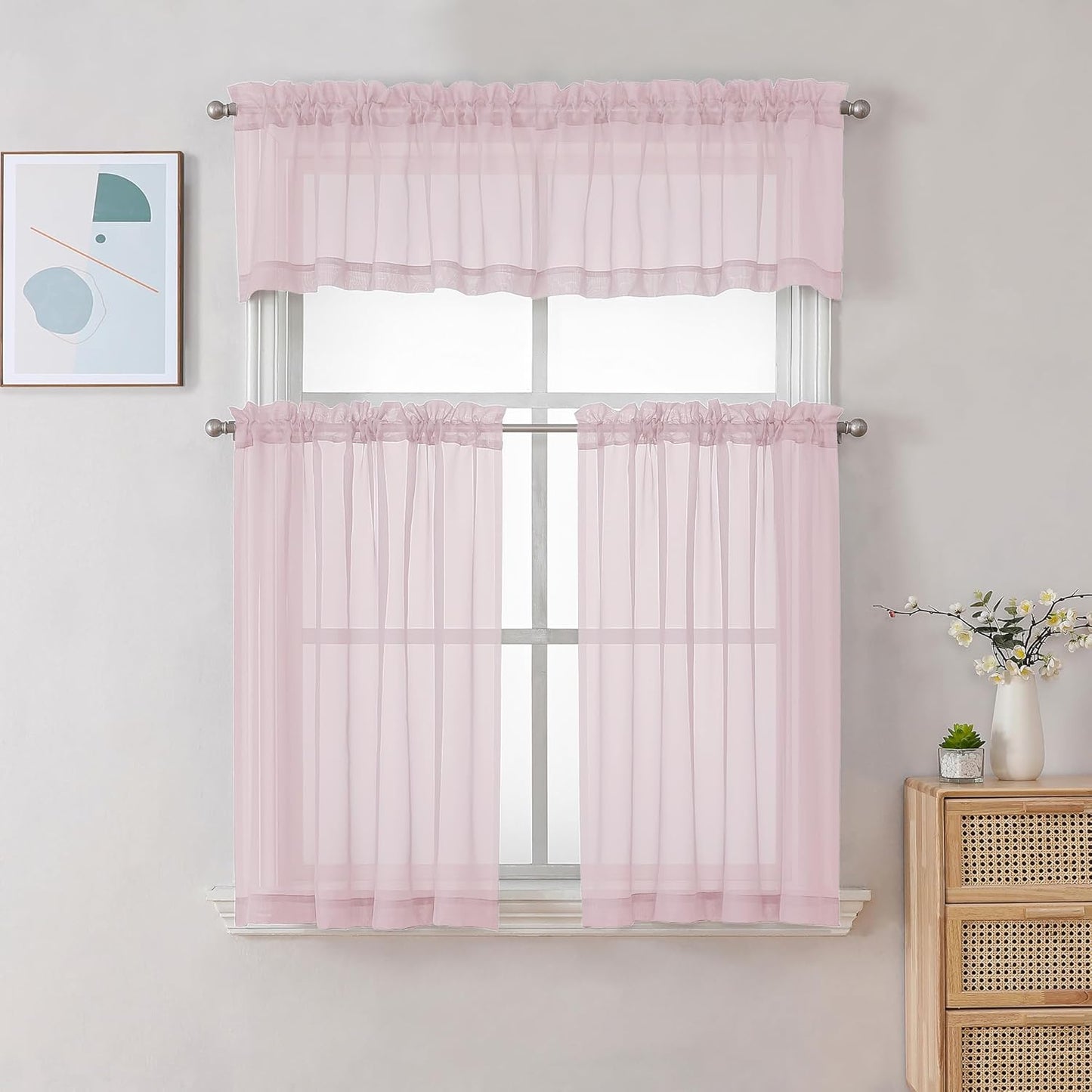 Chyhomenyc Sheer Curtains 24 Inch Length, Small Window Curtains for Bathroom Living Room Basement, Voile Short Rod Pocket Curtain Tiers, 42in Wx 24in L, 2 PCS, Blush Pink