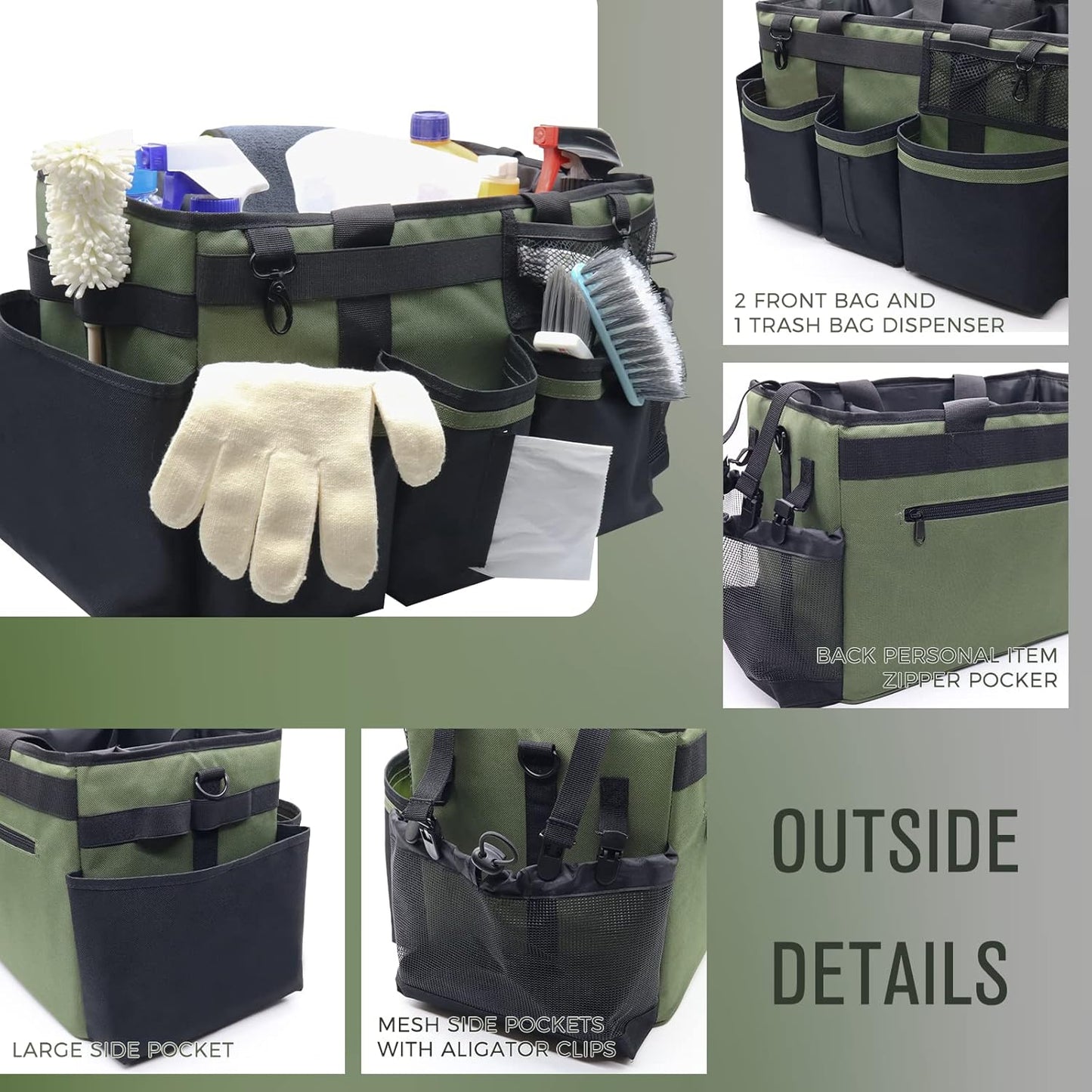 Wearable Cleaning Caddy Organizer with Handle & Shoulder Straps for Housekeepers, Under Sink & Car Cleaning Tool Organizer Bag with 4 Foldable Dividers (Green)