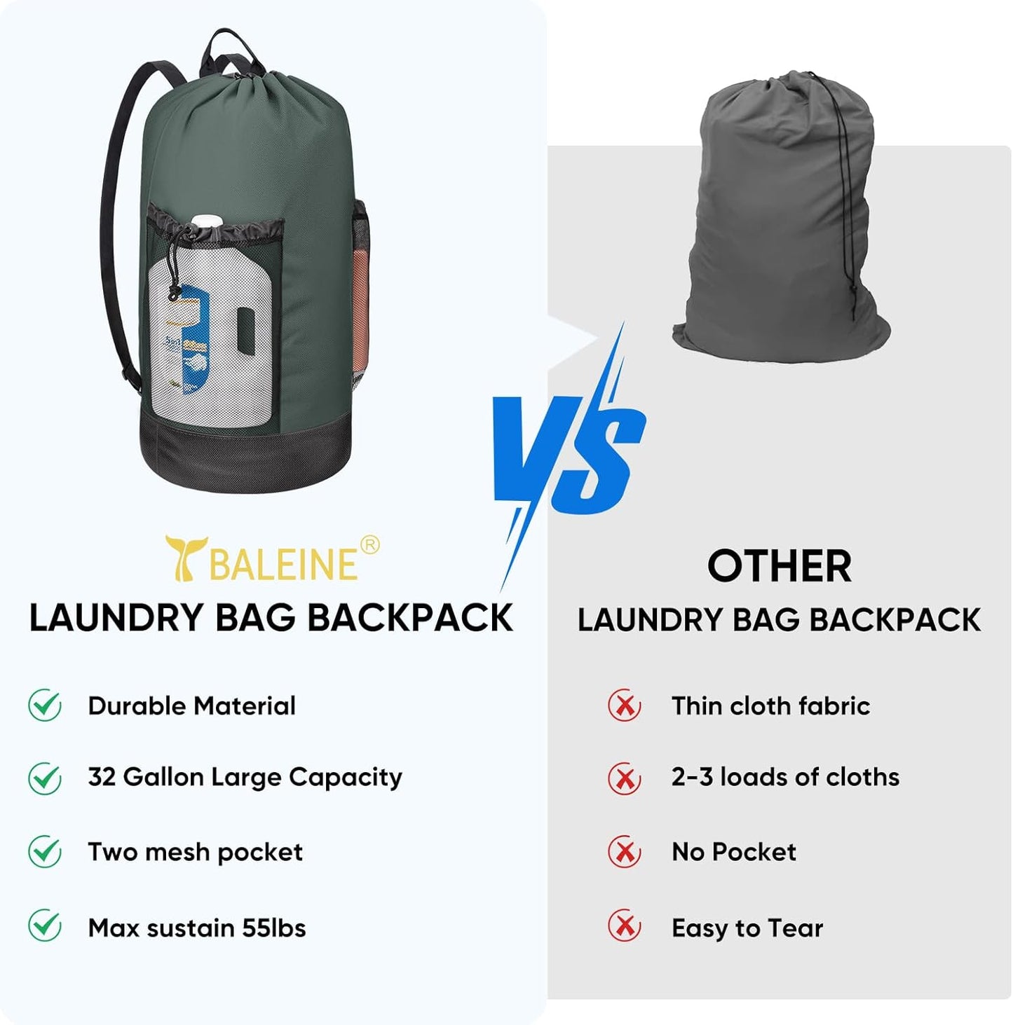 BALEINE 120L Laundry Bag Backpack, 900D Oxford Fabric Large Travel Laundry Bags with Shoulder Straps and 2 Mesh Pockets for College Dorm, Apartment, Laundromat (Dark Grey, 120L)