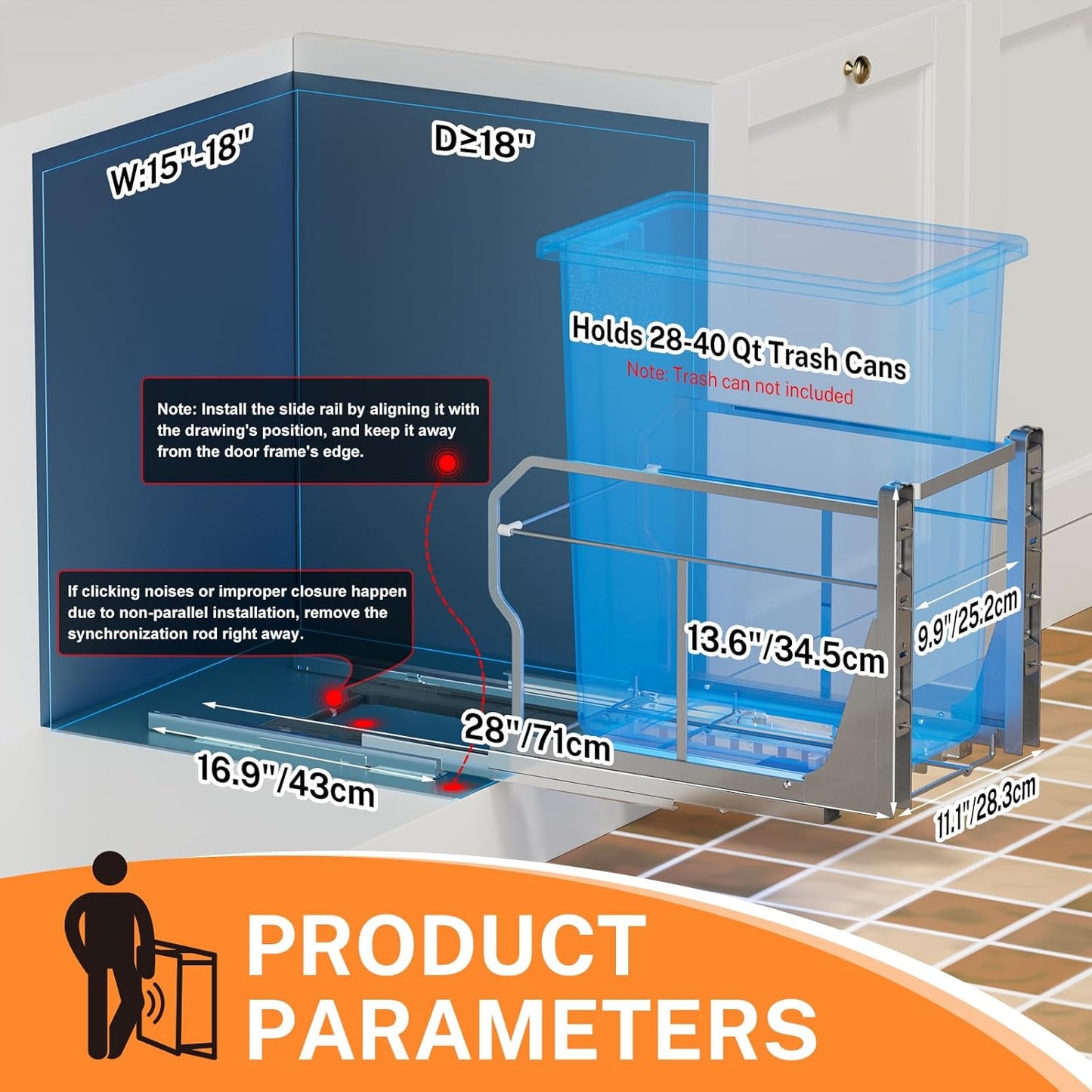 YJHome Pull Out Trash Can Under Cabinet with Push to Open Slides, Garbage Can Not Included, Cabinet Trash Can Pull Out Kit with Door Mounting Kit, Requires Minimum Cabinets Opening 15" W