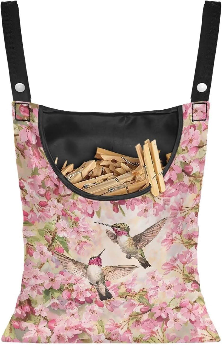 Hummingbird and Cherry Blossom Clothes Pin Hanging Bag, Clothes Pin Hanging Bag Space-Saving Organize Clothespin Bag Large Capacity Clothespin Bag with A Large Opening for Clothesline Outdoor