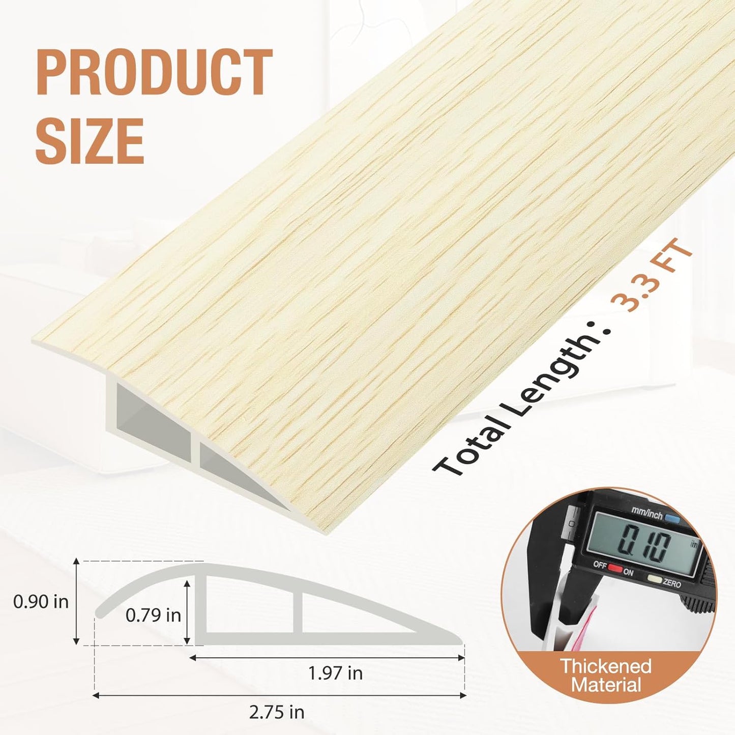 Floor Transition Strip Self Adhesive Vinyl Door Threshold for Doorways Carpet Edging Trim Overlap Edge Reducer for Laminate Floor, Carpet, Tile (Beige Wood Grain, 3/5" to 4/5", 3.3Ft)