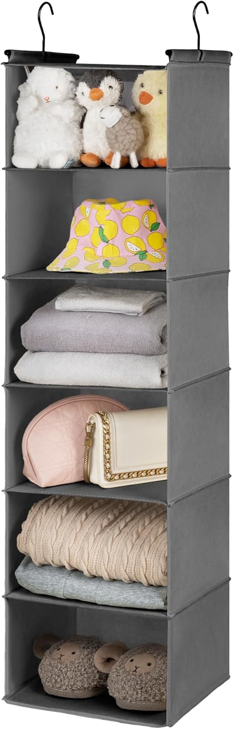 GRANNY SAYS 6 Shelf Hanging Closet Organizers and Storage, Collapsible Closet Hanging Organizer with 2 Sturdy Hooks, Large Hanging Shelves for Closet, Bedroom, Dark Gray