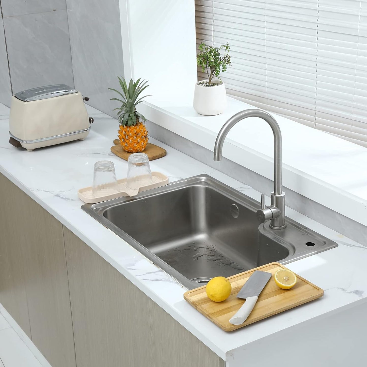 Silicone Bathroom Soap Dishes with Drain Spout-Bathroom and Kitchen Sink Organizer,Sponge Holder,Dish Soap Tray,Perfect for Dispenser,Scrubber,Bottle,Cup on Sink or Counter-Tapioca 12"×4"