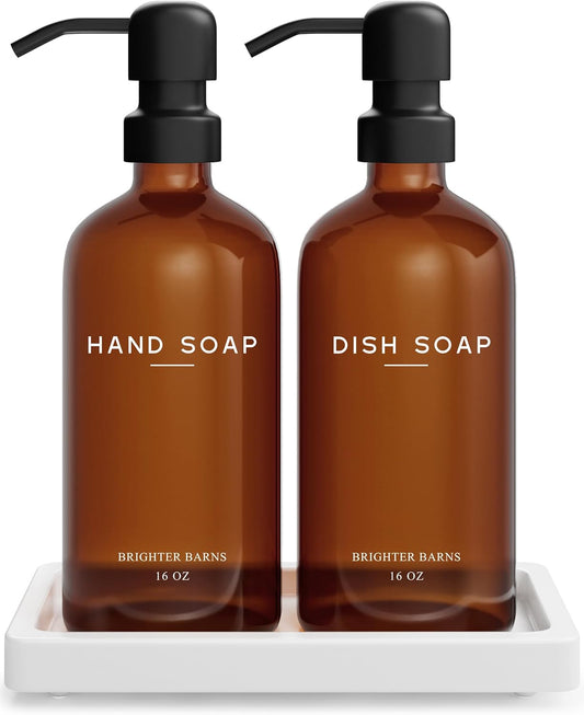 Amber Glass Hand and Dish Soap Dispenser Set by Brighter Barns - Kitchen Soap Dispenser Set with Tray for Kitchen, Airbnb, Vacation Rental or Restaurant - Modern Kitchen Decor & Accessories (Amber)