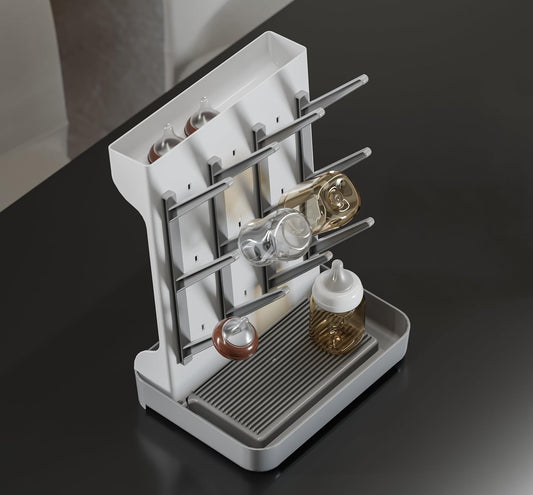 IEEK Baby Bottle Drying Rack,Large Vertical Drying Tower Bottle Rack Holder Space Saving Standing Drying Rack for Countertop-Holds 12 Baby Bottles and Cup,Etachable Travel Bottle Rack,Grey and White