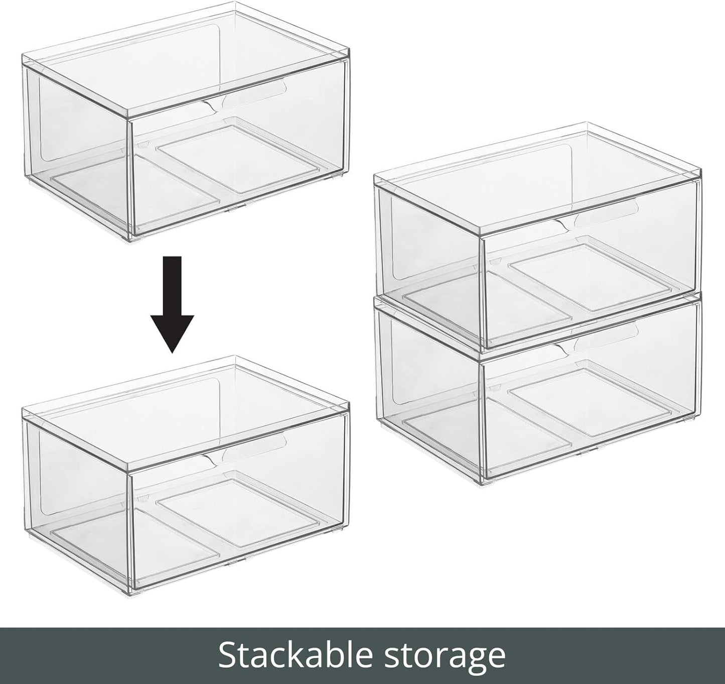 mDesign Plastic Wide Stackable Kitchen Storage Organizer Bin Containers with Front Pull Drawer for Cabinet, Pantry, Fridge, Freezer, Shelf, Refrigerator Organization, Lumiere Collection, 4 Pack, Clear