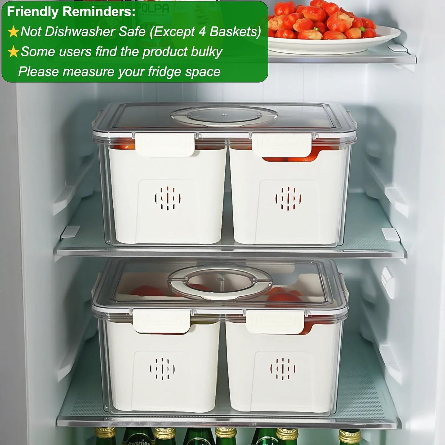Taiuloo Airtight Fruit Storage Containers for Fridge with Lid & Handle, BPA-Free Snack Box Container with 4 Removable Colanders, Berry Vegetable Fresh Produce Saver, Clear Refrigerator Organizer Bins