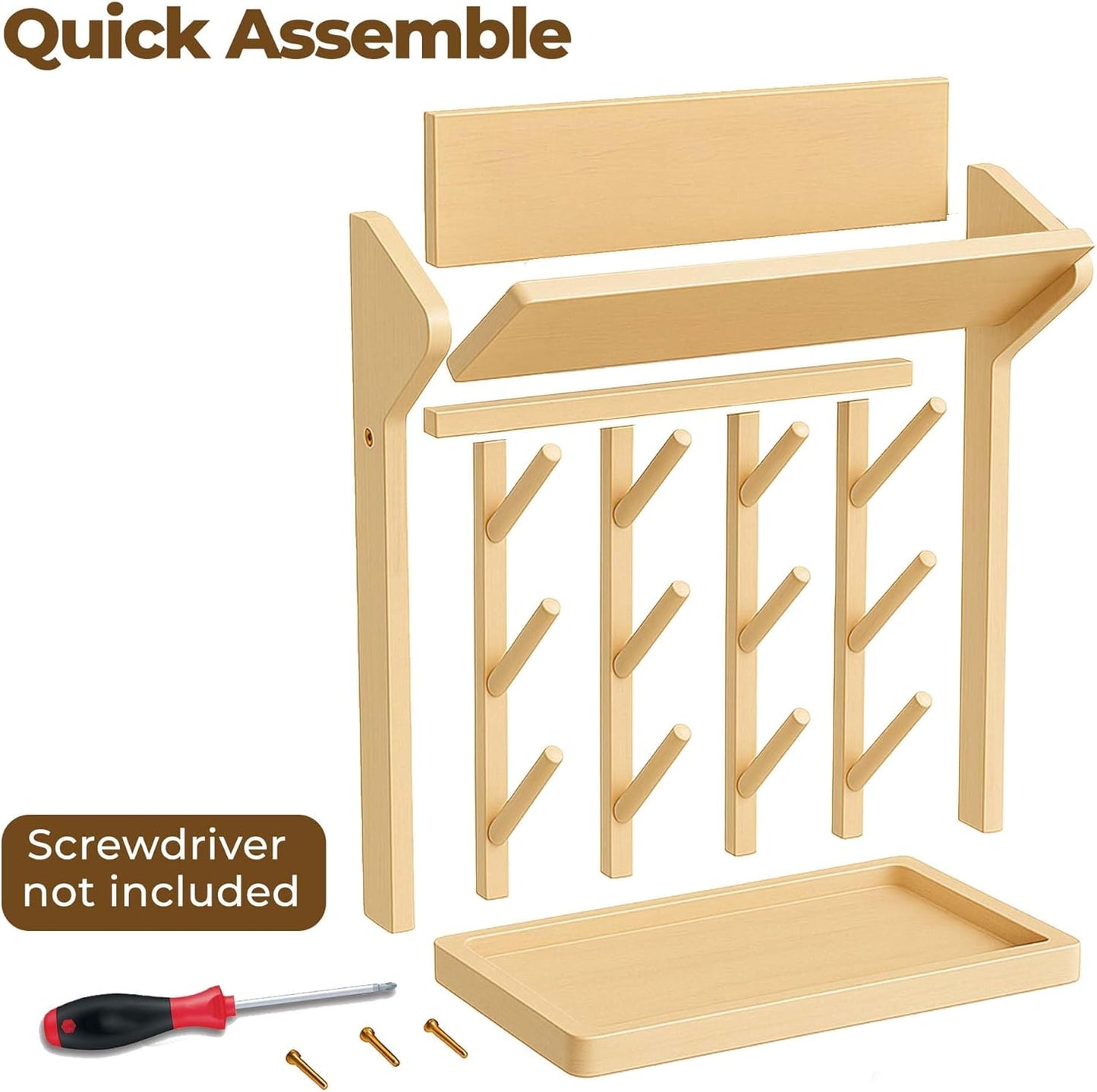 Natural Vertical Bottle Drying Rack Rubber Wood 9 Hooks, Use for Bottles, Cups, Mugs, Glasswine, Space Saving Storage Shelf Bottle Holder Dryer Kitchen