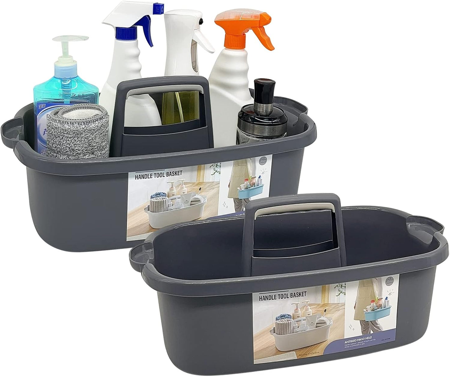 2-Pack Multi-Purpose Plastic Cleaning Caddy with Handle, Shower Caddy Organizer - Storage Basket/Totes Portable for Bathroom Supplies, Cleaning Products, Under Sink Tool. (Gray)