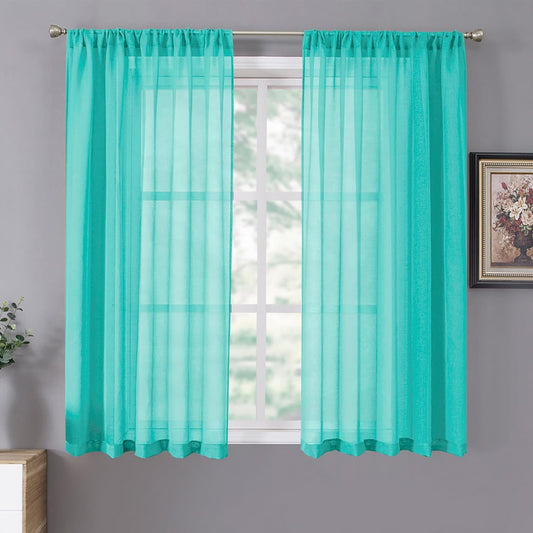 Tollpiz Short Sheer Curtain Linen Textured Bedroom Curtains Sheer Light Filtering Rod Pocket Voile Curtain for Living Room, 54 x 54 inches Long, Aqua Blue, Set of 2 Panels