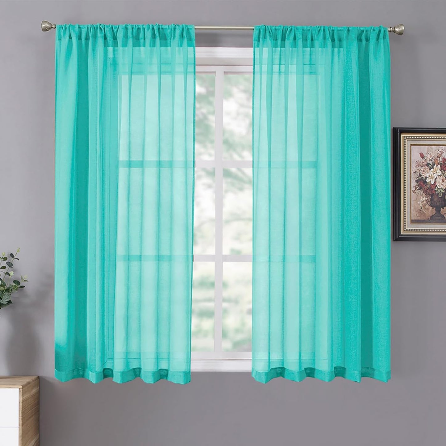 Tollpiz Short Sheer Curtains Linen Textured Bedroom Curtain Sheers Light Filtering Rod Pocket Voile Curtains for Living Room, 54 x 45 inches Long, Aqua Blue, Set of 2 Panels