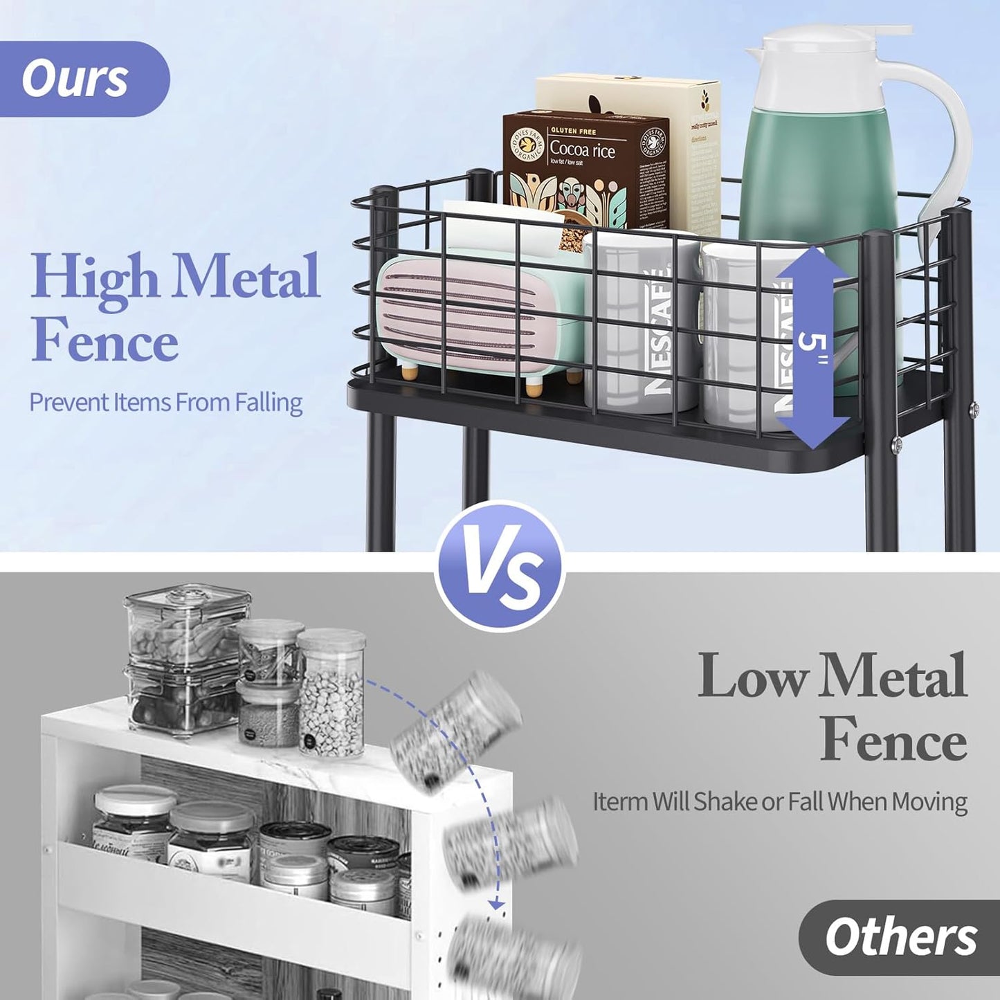 KINGRACK 3 Tier Rolling Cart, Metal Mobile Storage Shelf with Lockable Wheels, Utility Trolley Cart with Wheels, Storage Organizer for Kitchen, Office, Bathroom, Dorm, Black