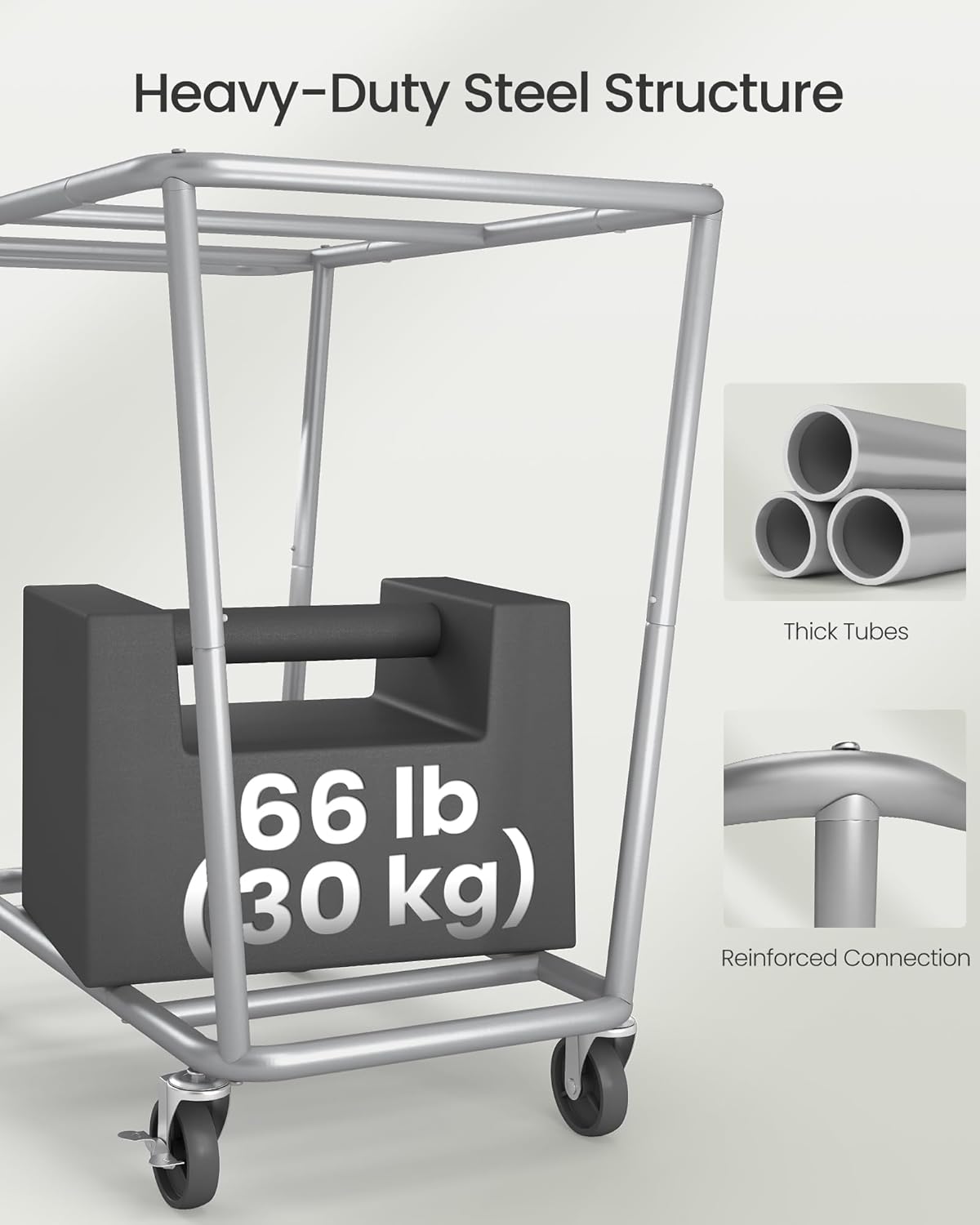 SONGMICS Laundry Basket with Wheels, 50.2 Gallons (190 L), 2-Section Rolling Laundry Hamper with Removable Bags, Heavy-Duty Steel Frame with Handle, Cream White and Dark Gray URLS009X01