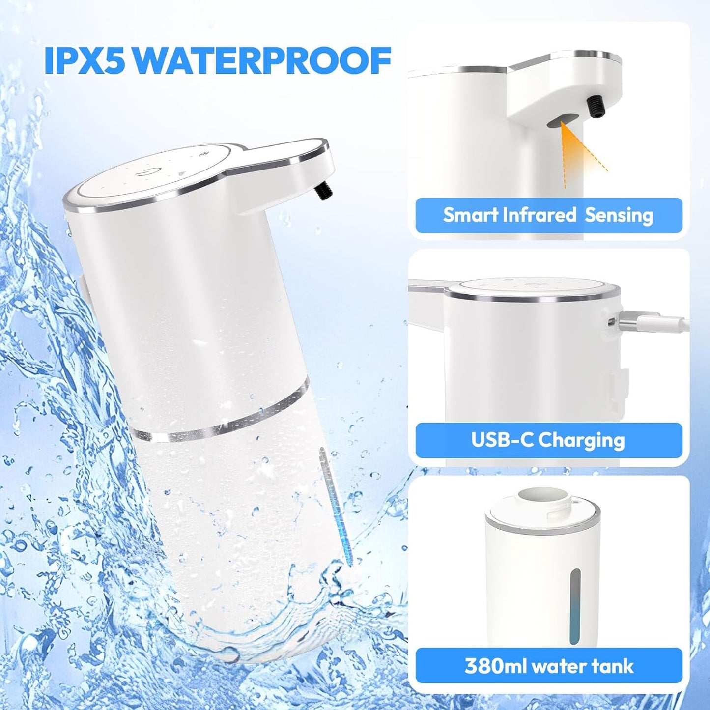 2 Pack Automatic Soap Dispenser Touchless,Liquid Hand Soap Dispenser 12.8oz USB 4levels Adjustable Dispenser Electric Wall Mounted Smart for Bathroom and Kitchen Dish Soap，Easy for Toddlers(White)