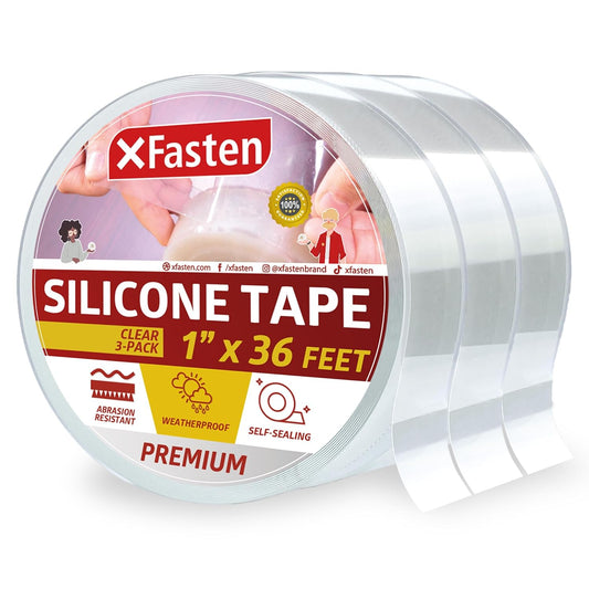 XFasten Self Fusing Silicone Tape Waterproof Clear – 1" x 36 Feet (3-Pack 108ft), Self Amalgamating Tape, Silicone Rubber for Plumbing, Sealing Pipes, Hose Repair, Outdoor Coax and Electrical Cables