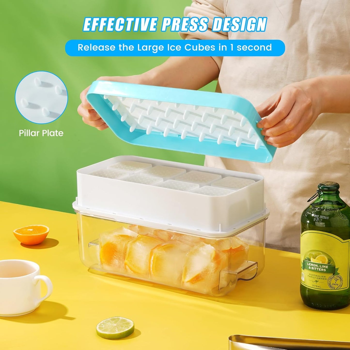 PHINOX Large Ice Cube Tray with Lid and Bin, Ice Trays for Freezer, 2 INCH Whiskey Ice Cubes Mold, 2*8 pcs Square Ice Cube Mold with Tong, Easy to Release, Large Ice Tray for Whiskey Cocktail Bourbon