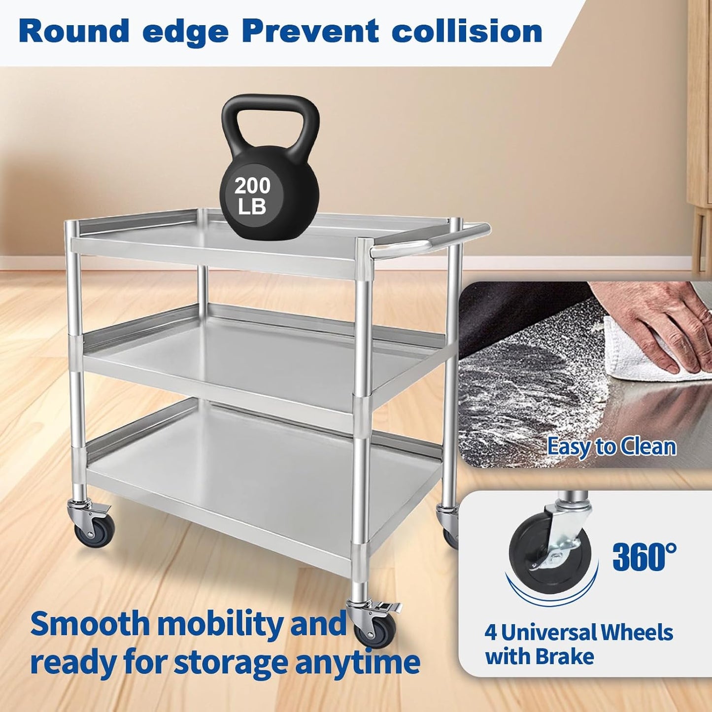 3-Shelf Stainless Steel Rolling Utility Cart - Heavy-Duty Metal Mobile Storage with Handle & Locking Wheels - Ideal for Kitchen, Medical, Lab, Restaurant & Home Use (16''x24''x34'')