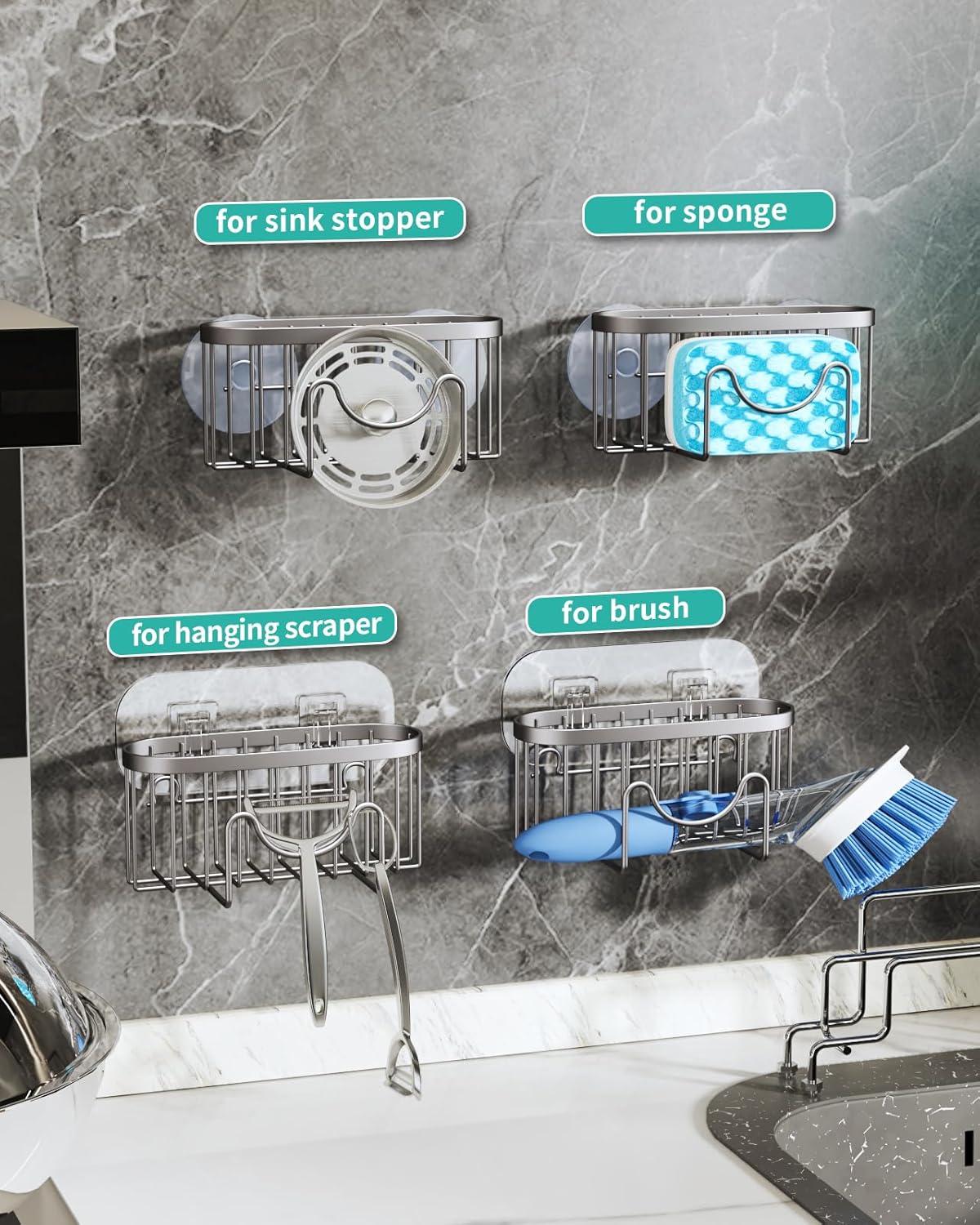 HapiRm Multifunctional Kitchen Sponge Holder with Unique M-Shaped, 2 Installation Ways Sink Caddy, Stainless Steel Kitchen Organizer for Sponge, Brush, Sink Stopper and Scraper -Brushed Nickel