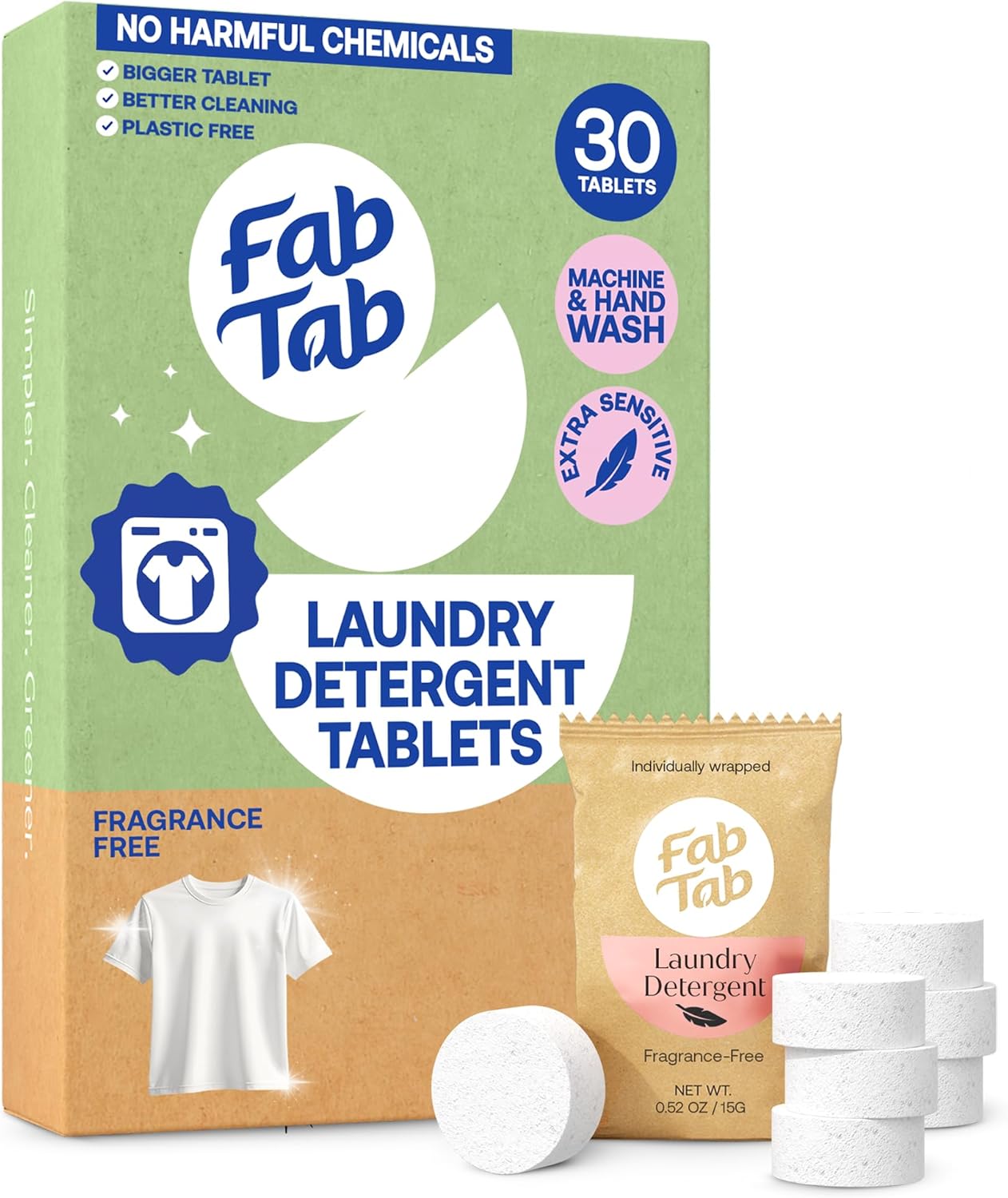 Fab Tab Laundry Detergent Tablets, Plant-Based Formula, Removes Tough Stains, Plastic-Free Alternative to Pods, All Washing Machines (30 Count, Unscented)