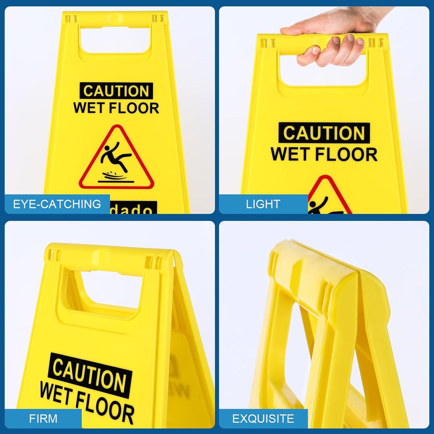 4-Pack Caution Wet Floor Sign,17.5" Height,Bright Yellow Double-Sided Folding A-Shaped Frame Design, Bilingual Caution Message