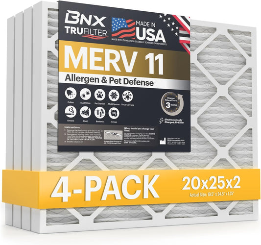 BNX TruFilter 20x25x2 Air Filter MERV 11 (4-Pack) - MADE IN USA - Allergen Defense Electrostatic Pleated Air Conditioner HVAC AC Furnace Filters for Allergies, Dust, Pet, Smoke, Allergy MPR 1200 FPR 7