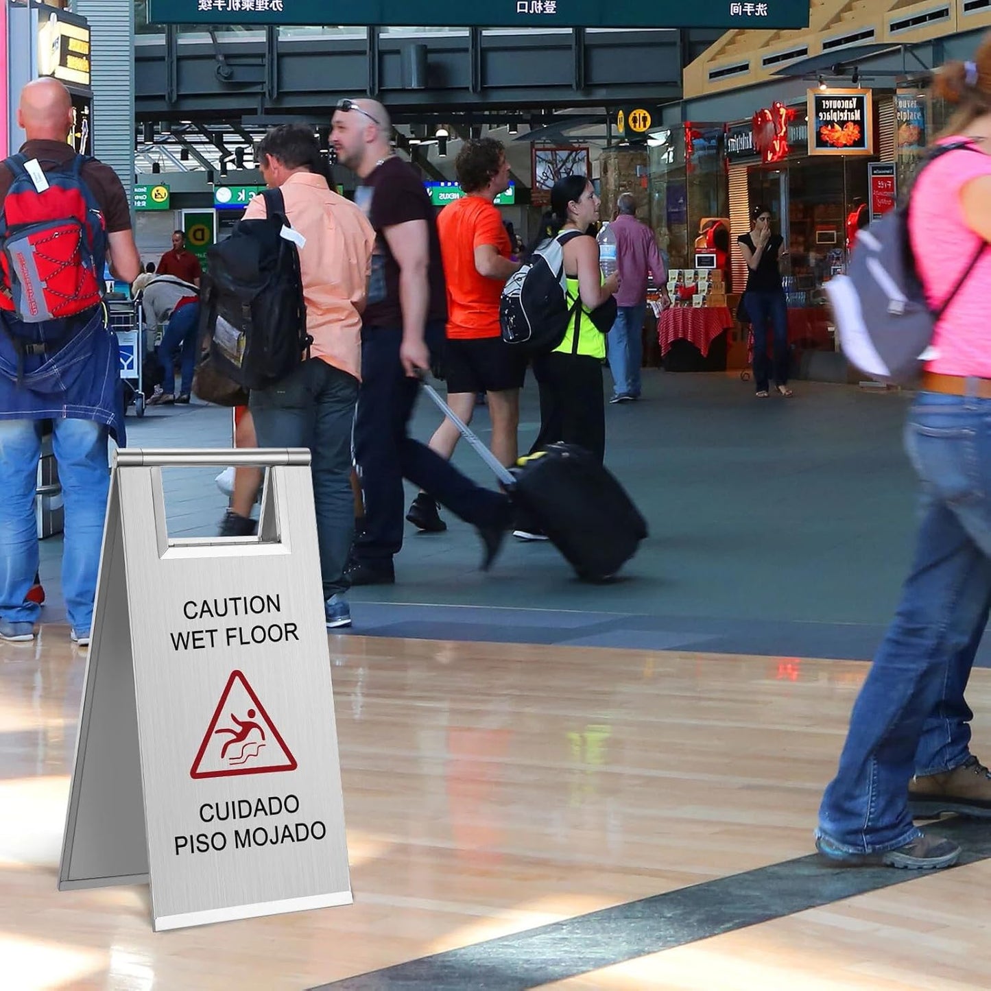 Kigley 2 Pcs Wet Floor Sign, 17 Inch Stainless Steel Caution Wet Floor Sign Double Sided Portable Foldable Bilingual Safety Warning for Hotel Market Restroom Restaurant Office (Silver)