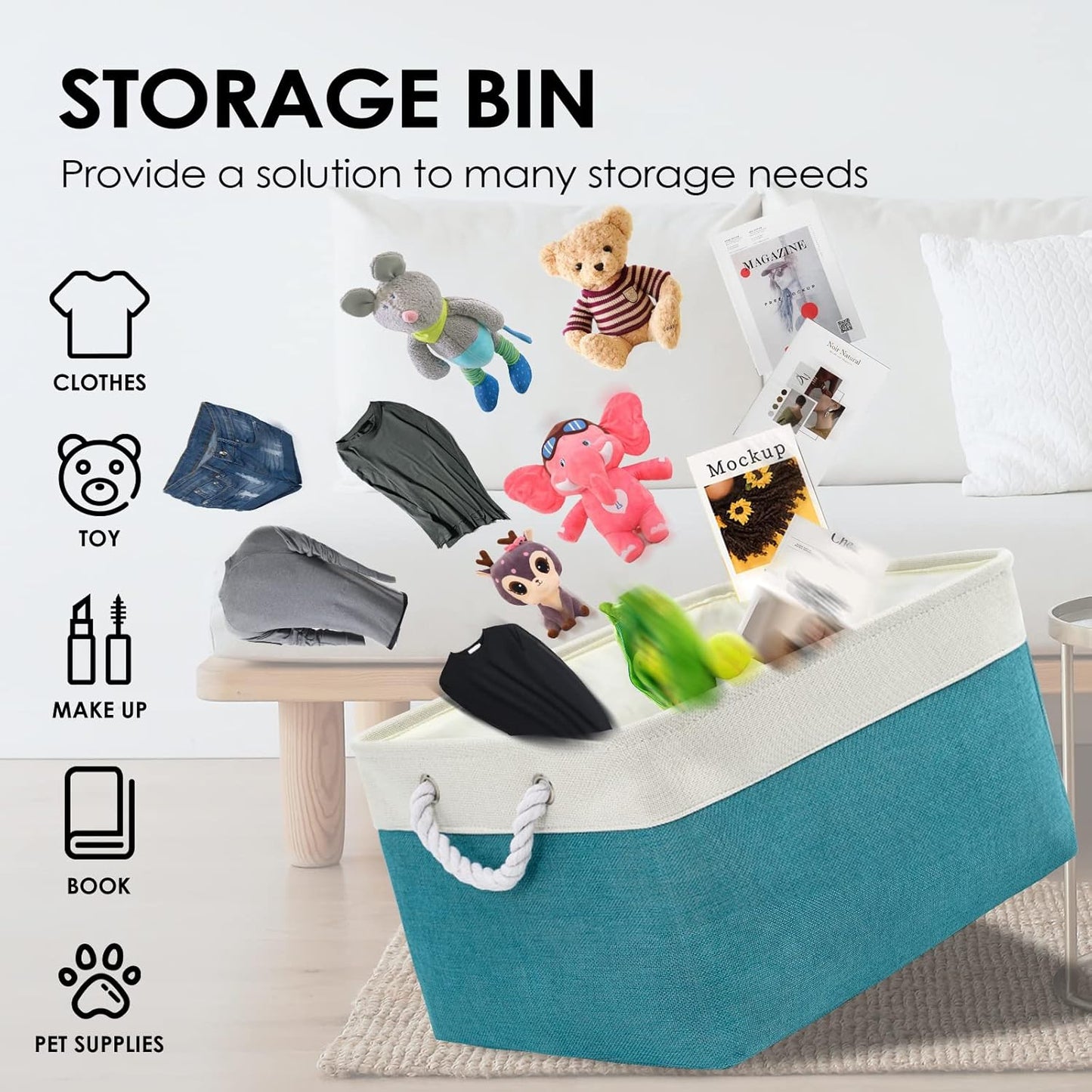 TheWarmHome Storage Bins - Large 3 Pack 15.7x11.8x8.3 in Fabric Storage Baskets for Organizing Shelves | Large Basket Closet Organizer for Home Decor Shelf Baby Toy Laundry (White & Green)