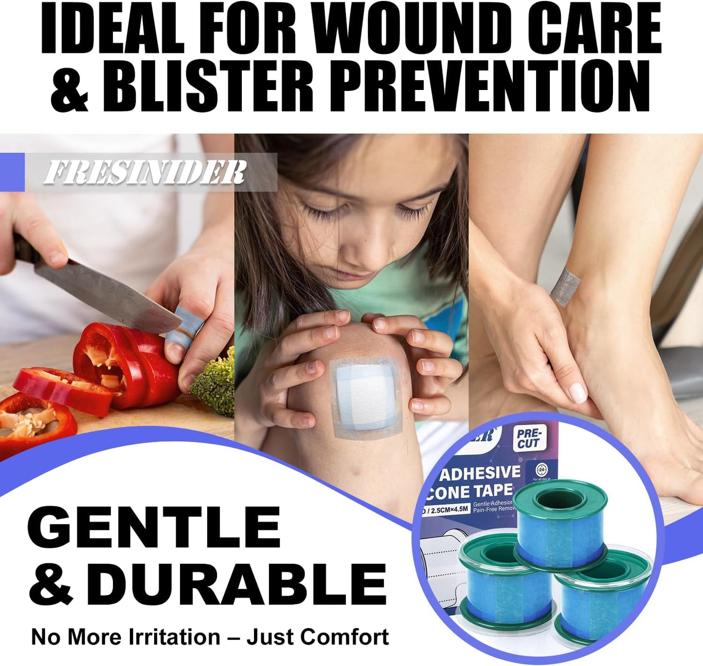 FRESINIDER Silicone Medical Tape – 1" x 1.5 Yard Blue 4 Rolls, Pre-Cut, Waterproof & Repositionable, Pain-Free Removal, Hypoallergenic Adhesive for Sensitive Skin, Wound Care & First Aid Use