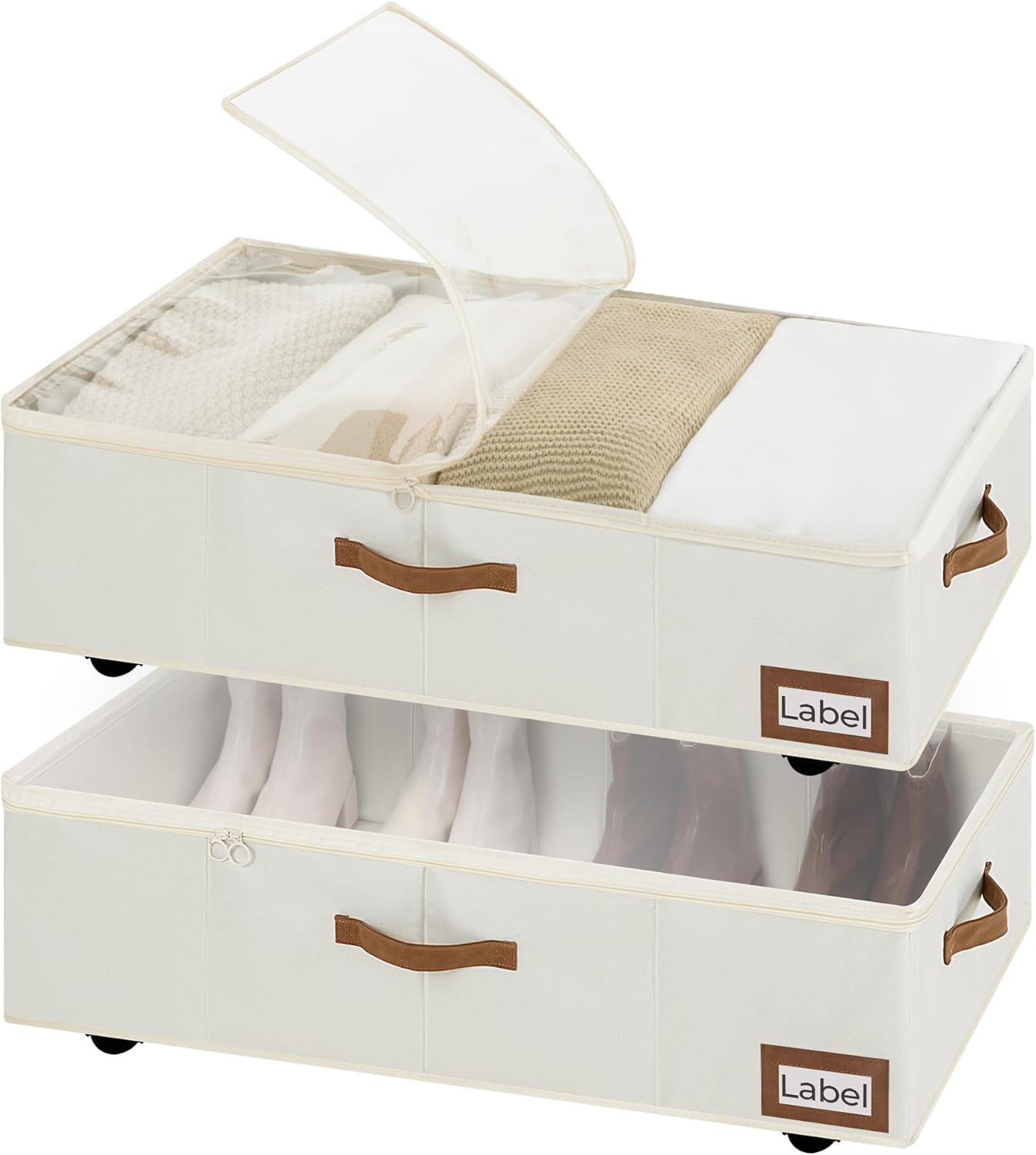 StorageWorks Under Bed Storage with Wheels, 10'' Underbed Storage Containers with Lid, 90L Clothes Organizer for Blankets, Sweaters, Bedding, 2-Pack, Beige