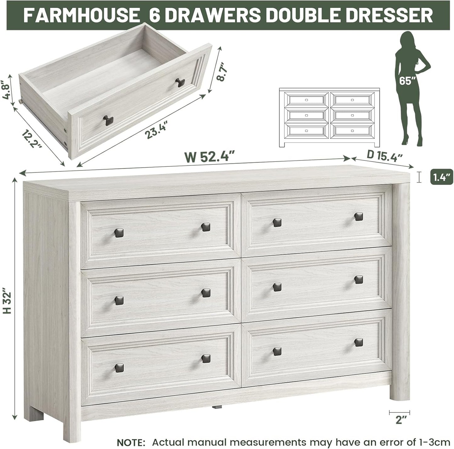 Farmhouse 6 Drawers Dresser for Bedroom, White Dressers, 52" Wide Rustic Wood Chest of Drawers with Natural Texture, Metal Handle, Storage Closet Dressers for Bedroom, Living Room