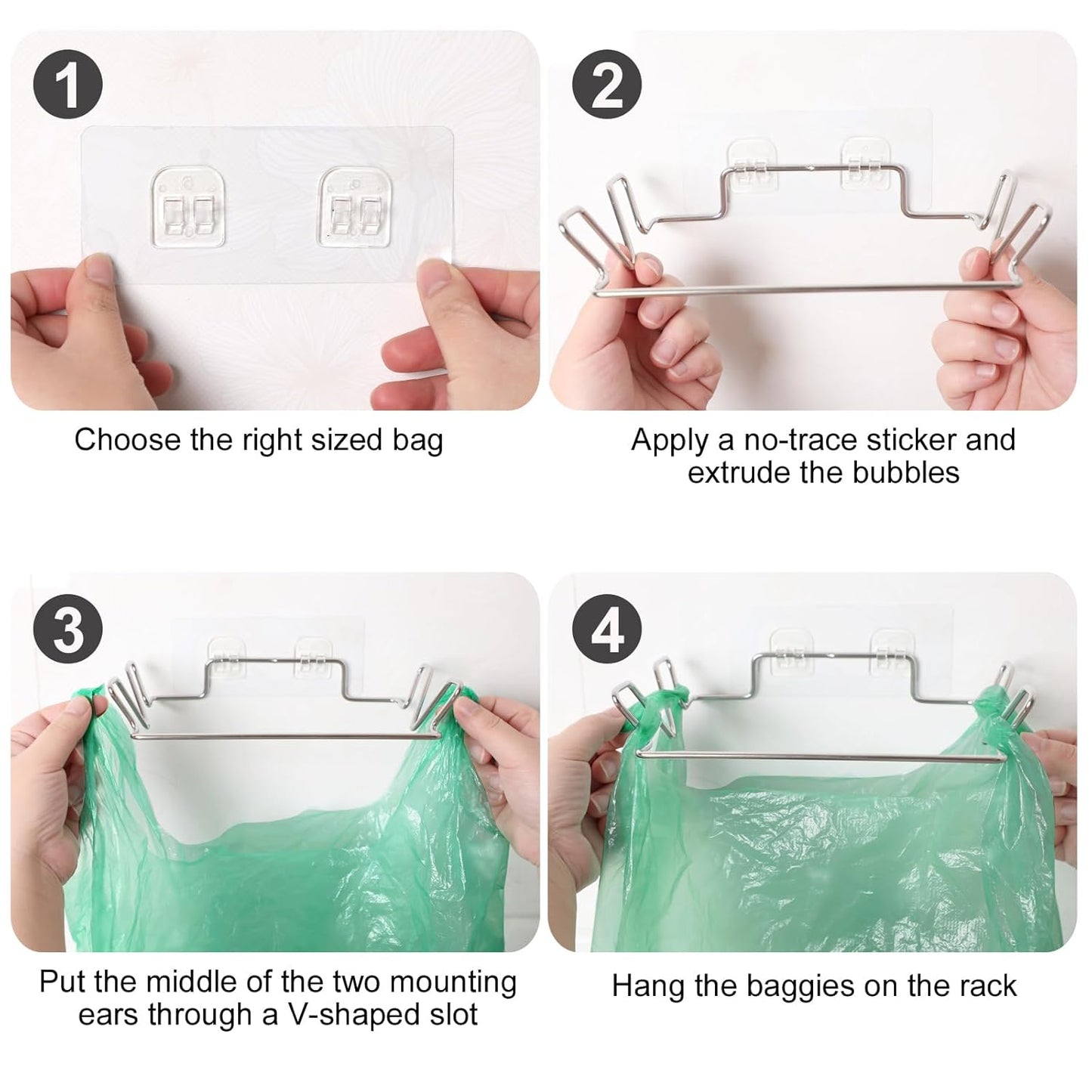 2 Pcs Stainless Steel Trash Bag Holder for Kitchen Cabinets Doors and Cupboards, Under Sink Bag Hanger, Portable Trash can, Waste Bins, Wall Adhesive Hanging Garbage Bins, With Wall Sticker Base