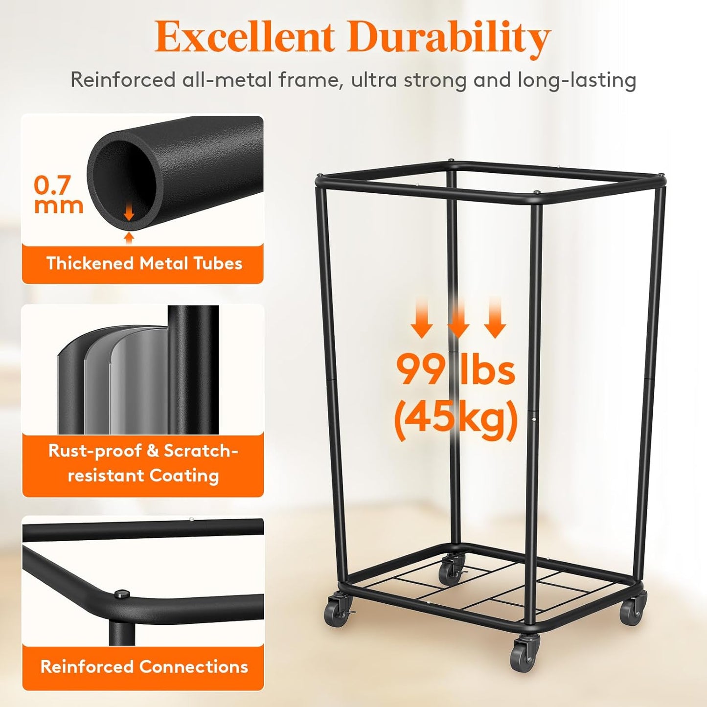 Lifewit 165L Laundry Basket with Wheels, Large Heavy Duty Commercial Rolling Laundry Hamper with Handles, Tall Steel Frame Laundry Cart for Laundry Room Bedroom Hotel Home Dorm, White