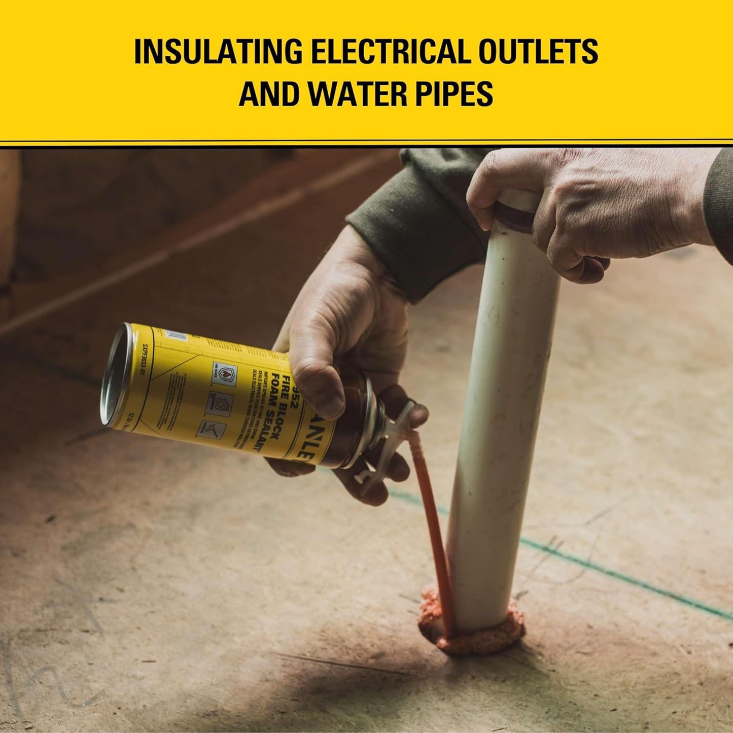 Stanley F952 Fire Block Spray Foam – (1x12oz) Fire Rated Expanding Polyurethane Foam Sealant for Gap Filling & Sealing on Doors, Windows, Walls, Pipes & Joints – Indoor/Outdoor Straw Use | 1 Pack