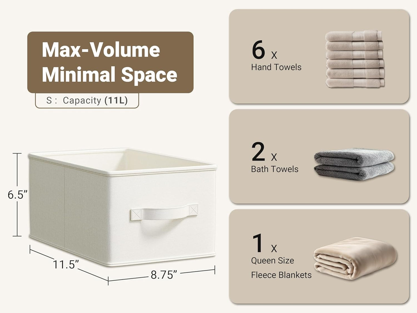 3 Pack Fabric Storage Bins for Shelves | 11.5x8.75x6.5in Storage Baskets | Fabric Closet Organizers and Storage Bins with Handles Home Organization| Linen Clothes Bins | White & Ivory