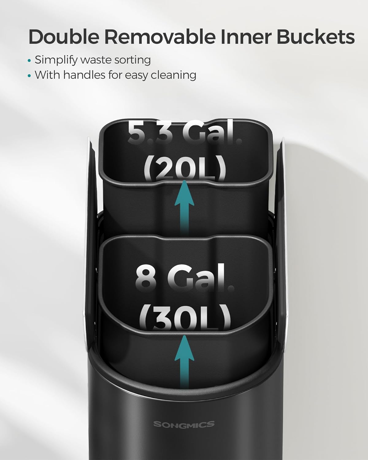 SONGMICS 13-Gallon Dual Kitchen Trash Can, 5.3 and 8 Gallon Compartments, Garbage Can with Wing Lids, Stainless Steel, Soft Close, Inner Buckets, Ink Black and Metallic Silver ULTB570B50