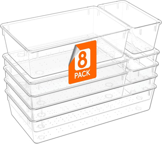 Lifewit 8 Pcs Large Bathroom Drawer Organizers, 3 Sizes Clear Plastic Storage Organizer Trays for Make Up, Kitchen Utensils, Vanity Accessories in Bathroom/Office/Dresser Organization