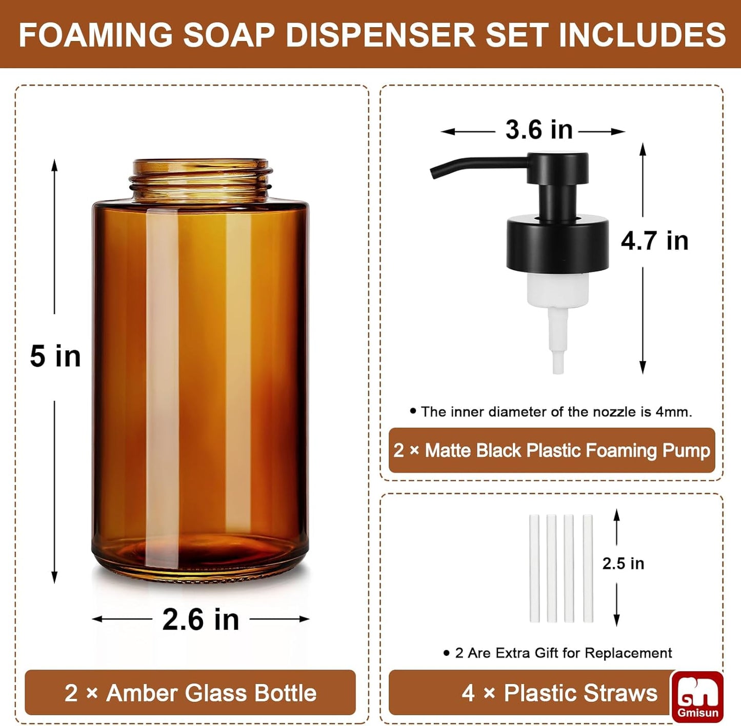 GMISUN Glass Foaming Soap Dispenser, 10 Fl oz / 300ml Amber Glass Soap Dispenser for Bathroom & Kitchen, 2 Pack Modern Refillable Foam Hand Soap Dispensers, Bathroom Hand Soap Dispensers with Labels