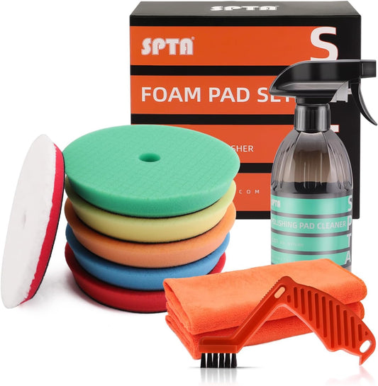 SPTA Polishing Pads, 5Pc 5 Inch 125mm Orbital Buffer Polisher Pads and 1Pc Microfiber Buffing Pads, Foam Polish Pad for Compounding, Polishing and Waxing, for 5''/125mm Backing Plate Car Polisher