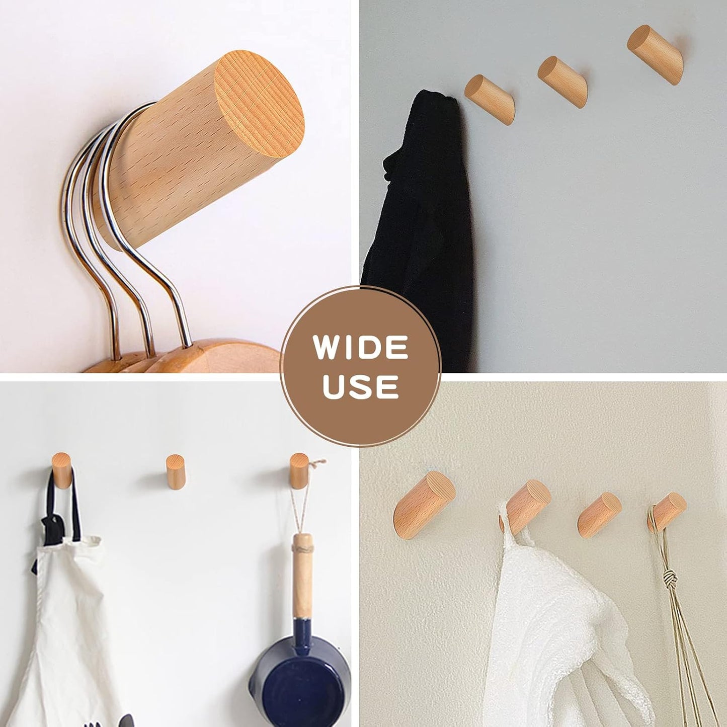 Wood Wall Hooks, 6 Pack Natural Wooden Coat Hooks Wall-Mounted, Rustic Heavy Duty Hook for Hanging Towels Coats Plants, Entryway Hat Hanger Wall Coat Rack (Beech Wood)