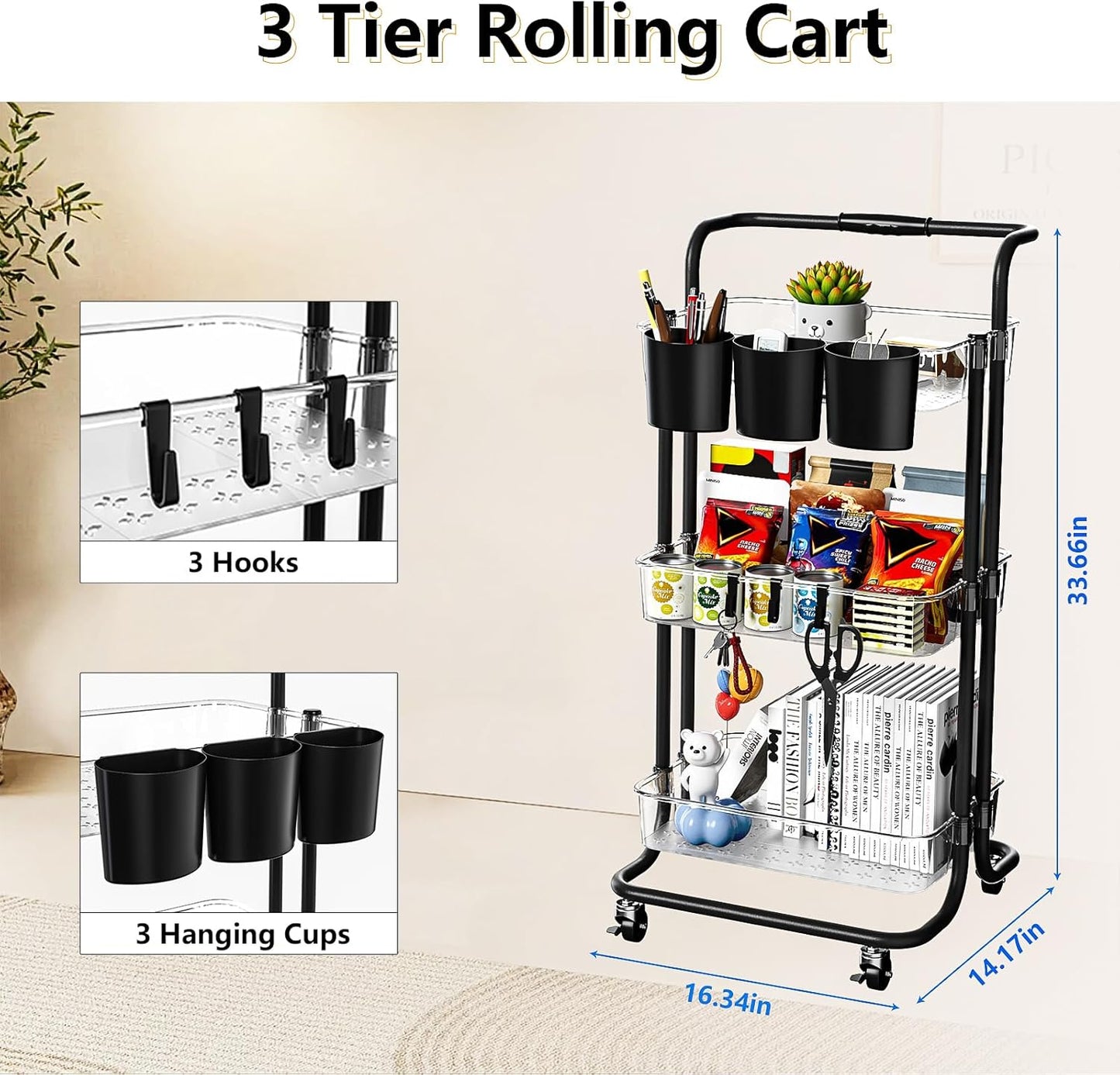 3 Tier Rolling Cart with Metal Handle, Hanging Cups, Hooks, Plastic Storage Baskets & Wheels Lockable, Utility Craft Cart for Bathroom Classroom Office Kitchen Pantry Organizers and Storage, Clear