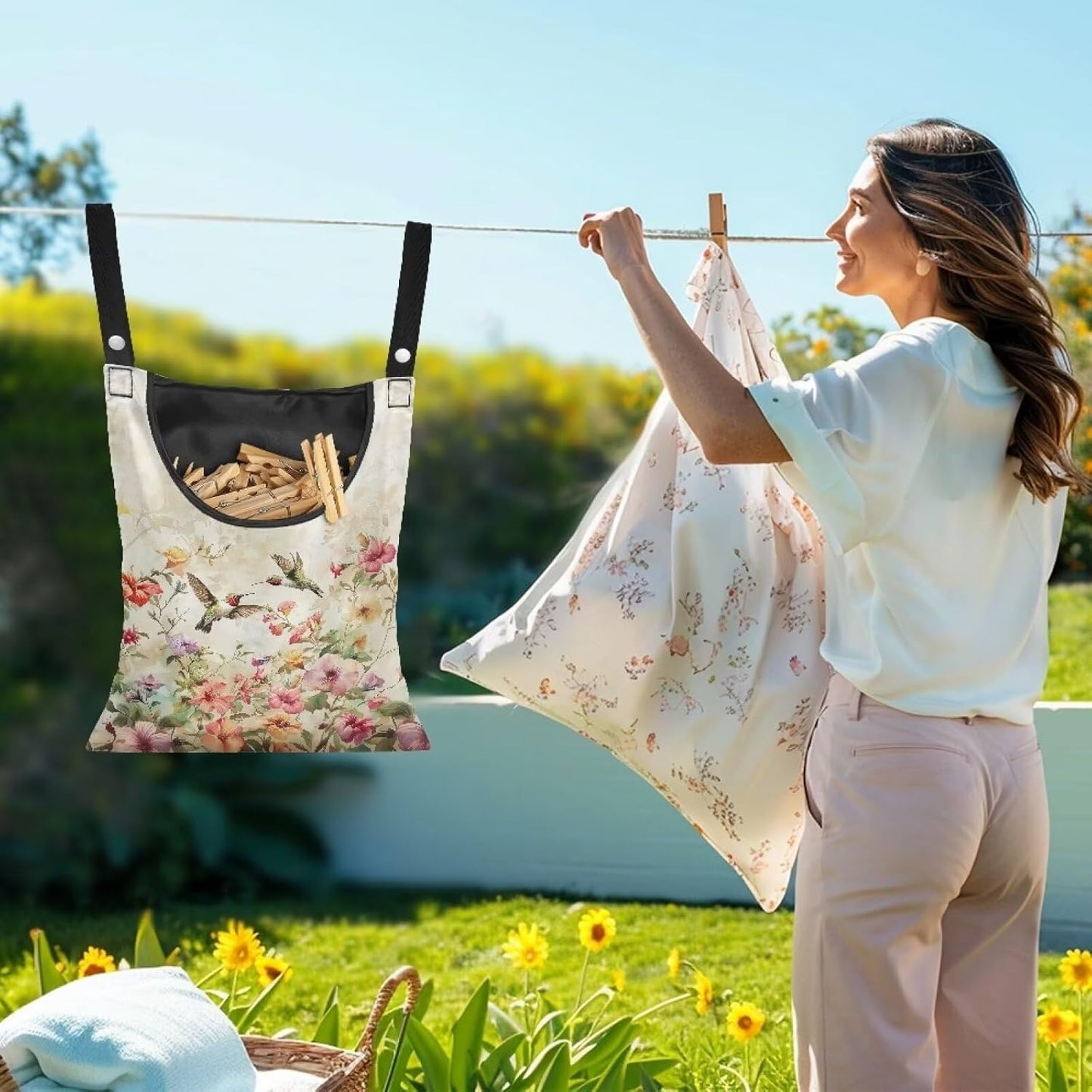 Hummingbird Pink Clothespin Bag, Large Clothes Pin Hanging Bag, Pin Bag with Large Opening for Clothes Lines Outside Yard Home Decoration