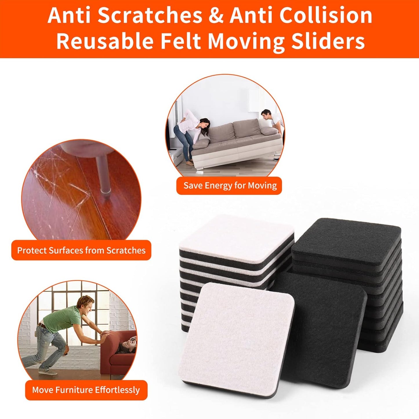 Ezprotekt 3.5" Felt Furniture Movers Sliders for Hardwood & Vinyl Floors, 16 Pcs Square Reusable Felt Furniture Moving Pads for Heavy Duty Sofa Bed Couch Cabinet, Move Items and Quickly (Black)