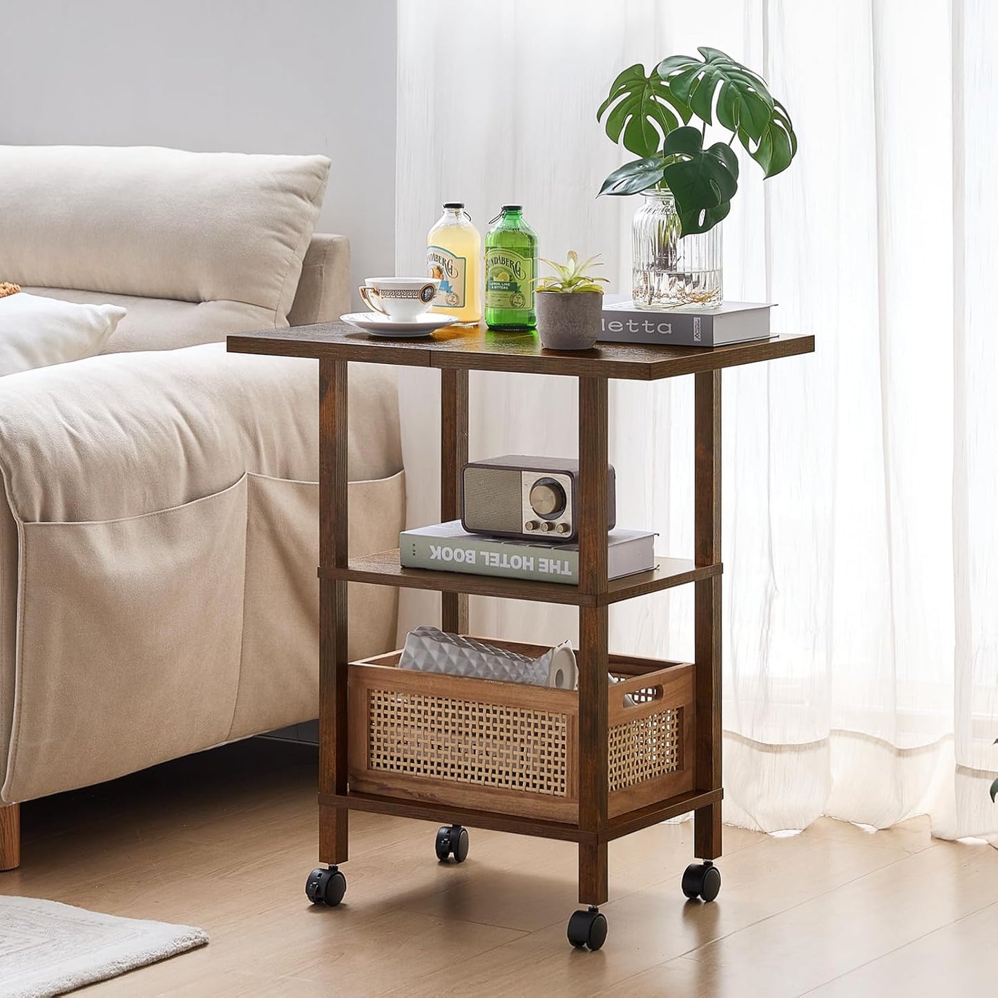 Lerliuo 3 Tier Printer Stand with Storage, Printer Table for Home Office, Wooden Rolling Printer Cart Shelf with Lockable Wheels fit Fax Machine, Scanner(Brown)