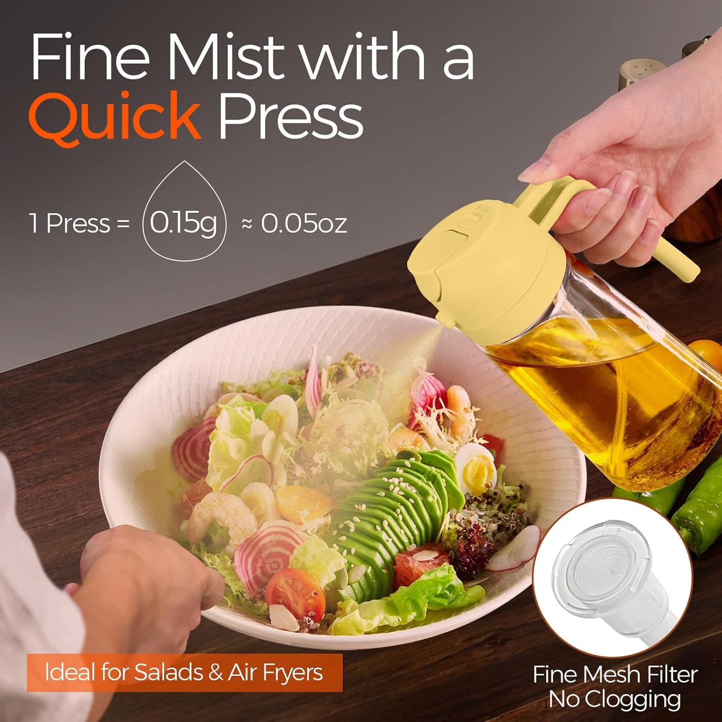 YARRAMATE 16oz/470ml Glass Olive Oil Sprayer for Cooking with Stickers, 2 in 1 Oil Dispenser for Kitchen Gadgets, Food Grade Premium Spray Bottle for Salad, Frying, BBQ (Pomelo)