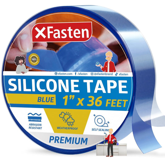 XFasten Self Fusing Silicone Tape Waterproof – 1" x 36 Feet Blue, Self Amalgamating Tape, Silicone Rubber for Plumbing, Sealing Pipes, Hose Repair, Outdoor Coax and Electrical Cables – Weatherproof