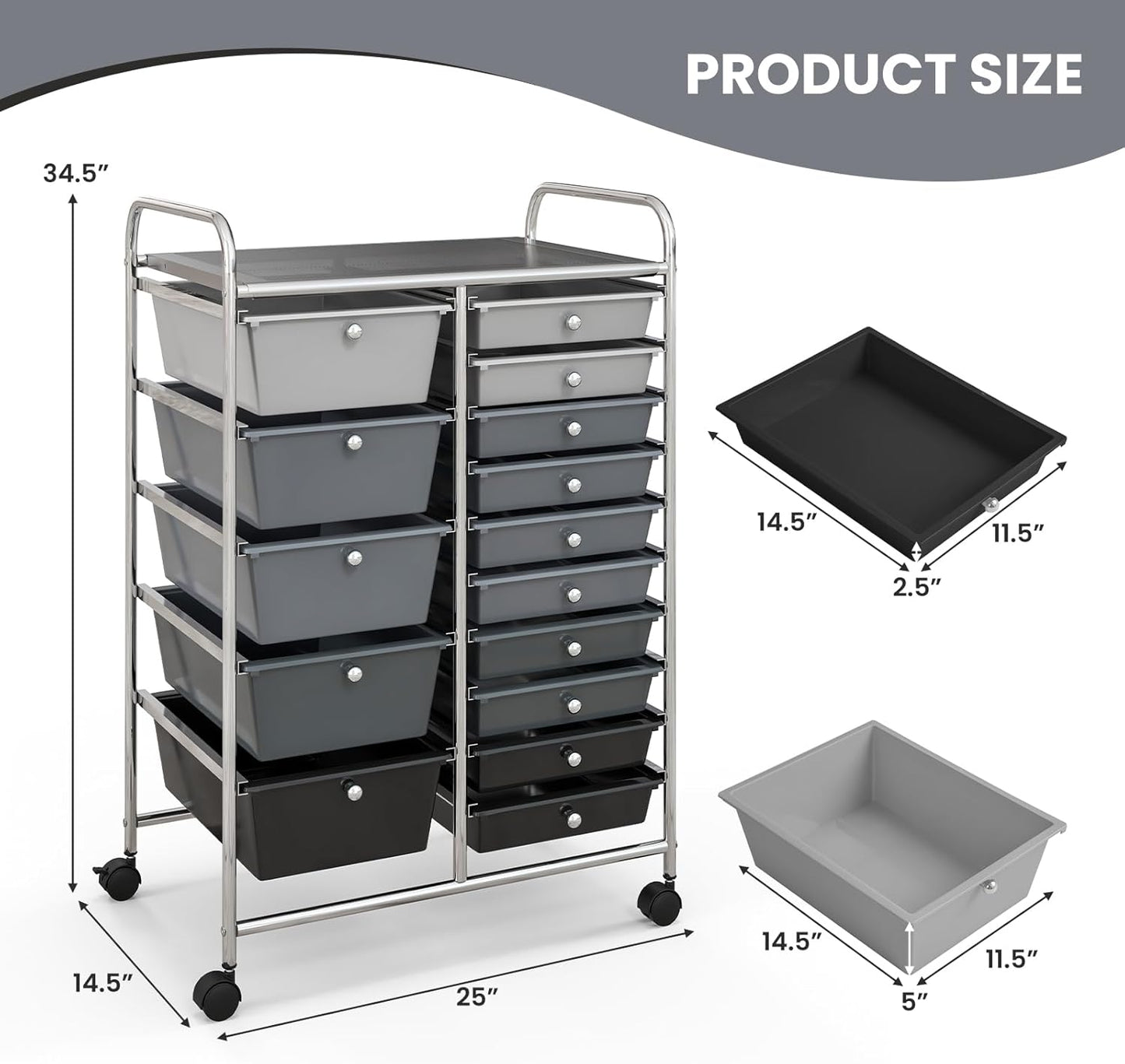 GOFLAME 15-Drawer Rolling Storage Cart, Multipurpose Movable Organizer Cart, Utility Cart for Home, Office, School, Gray Gradient